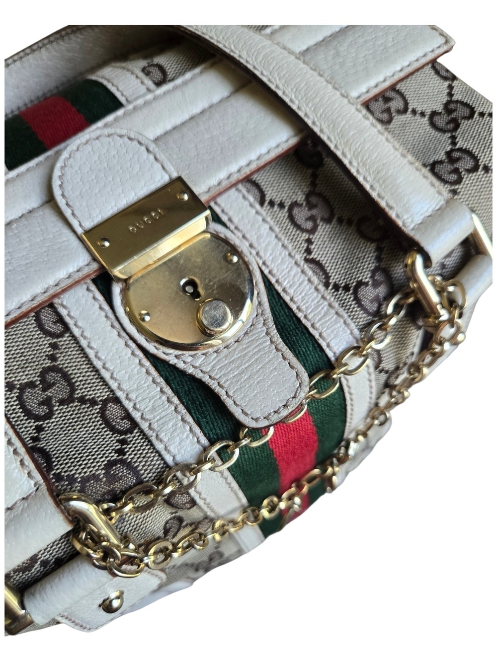 Gucci White/Beige GG Supreme Canvas Top Handle Bag with Web Stripe - Picture 8 of 11